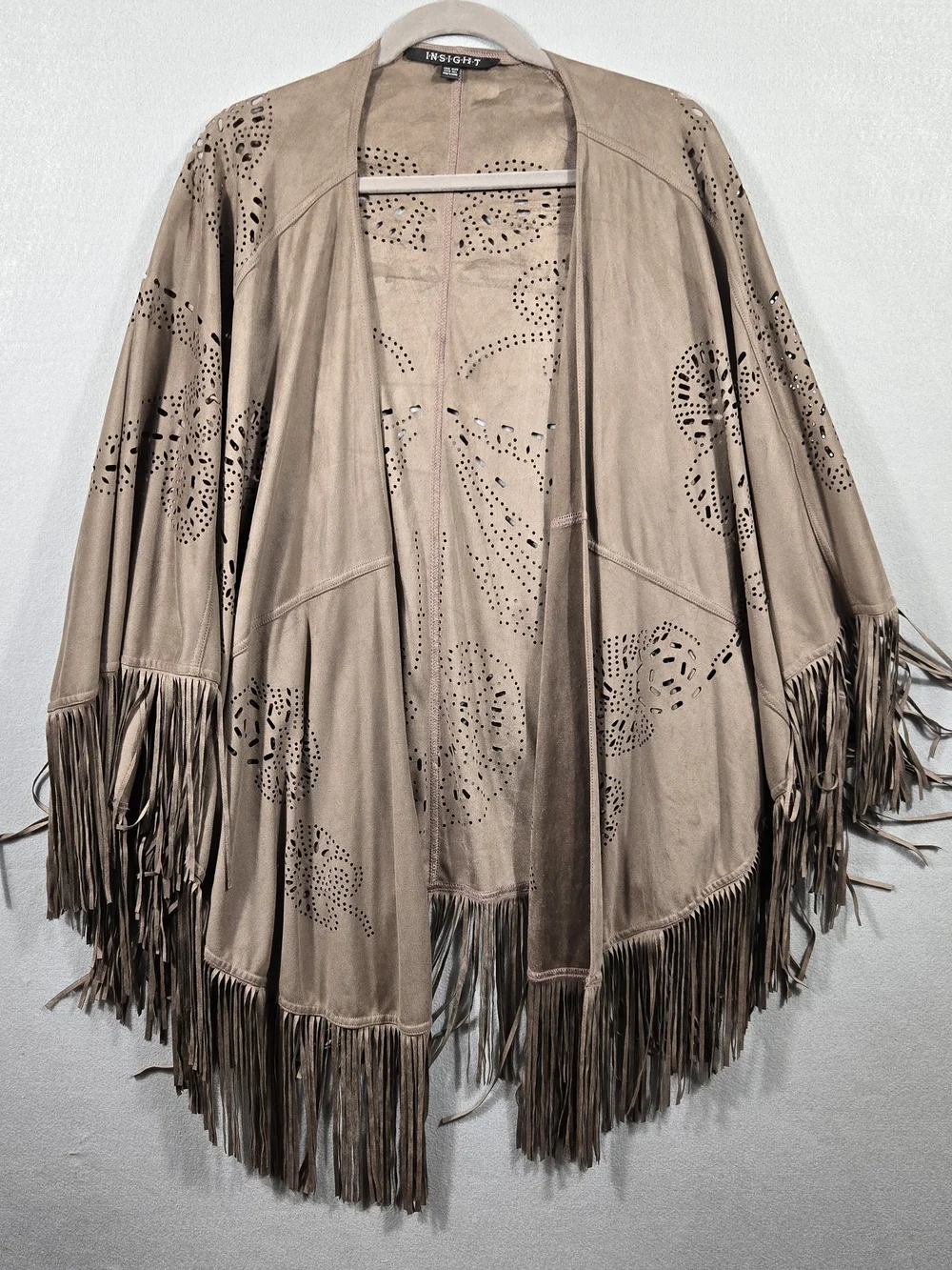 Insight Taupe Faux Suede Laser-Cut Fringe Poncho
